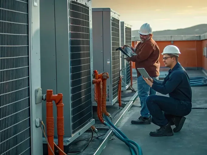 Rooftop commercial HVAC unit being serviced by a ProToCall technician